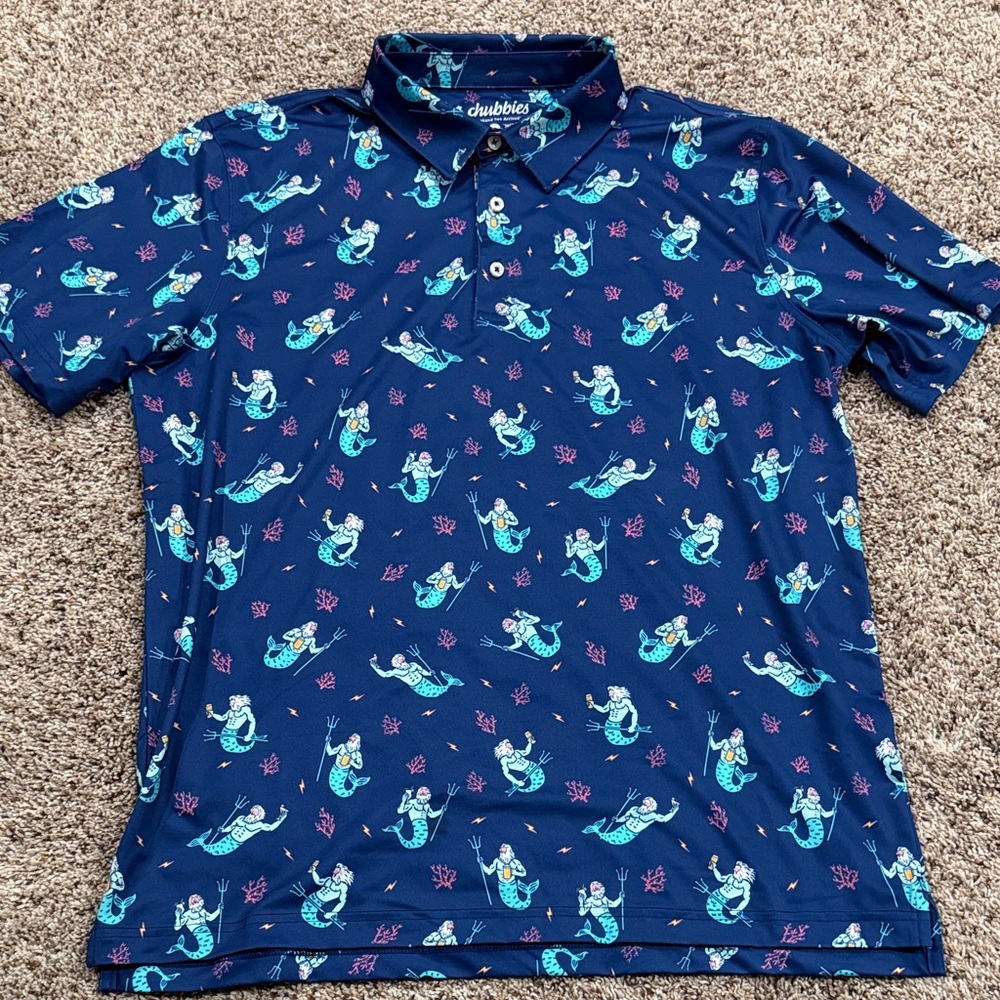Chubbies Navy Polo with Turquoise Mermaid Print sleeve size Large
